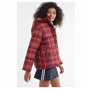 5/$100 SALE - UO Riley Red Orange Plaid Hooded Puffer Jacket